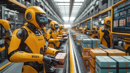 Fototapeta premium A robot is working in a warehouse, and it is wearing a yellow helmet