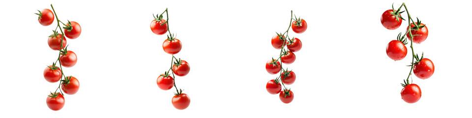 falling ripe cherry tomatoes on white background, transparent background