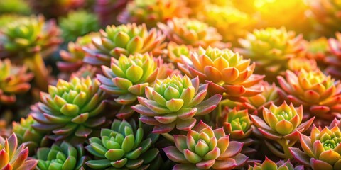 Fototapeta premium Vibrant full frame of perennial succulent Sedum bathed in bright sunlight, succulent, Sedum, Ochitok, plant, greenery, foliage
