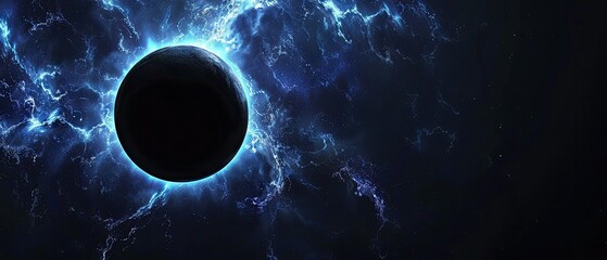 A large black planet is surrounded by a blue and purple sky