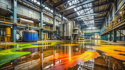Chemical spill on a factory floor causing environmental pollution, chemical spill, hazardous substances