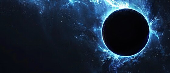 A black hole is shown in the center of a blue and purple sky