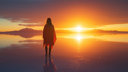 ウユニ塩湖で夕暮れを見送る女性