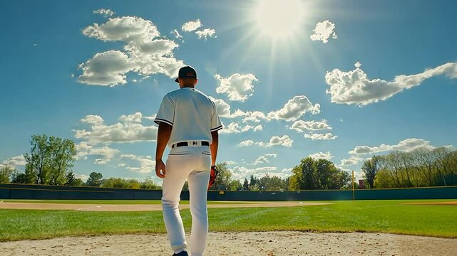 Baseball Player Walks Towards the Field Under a Bright Blue Sky Generative AI