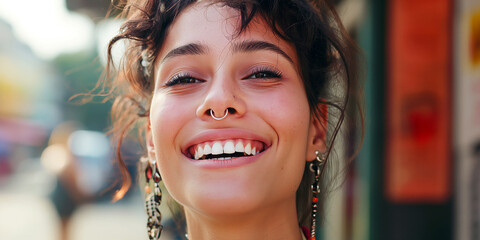 Young woman with a septum piercing smiling confidently, showcasing her unique jewelry in a trendy urban setting.
