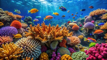 Vibrant coral reef with colorful corals and small fish isolated, coral reef, vibrant, colorful, corals, small fish