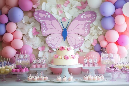 A beautifully decorated dessert table featuring a butterfly theme with pastel balloons, cake, and sweet treats for a celebration.