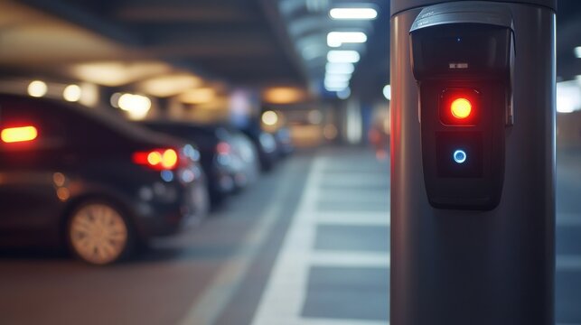 LPR camera in parking system, smart technology, cars in background, efficient solution