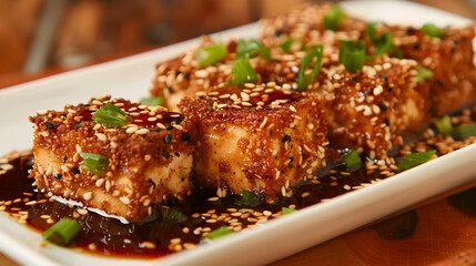 Fototapeta premium Sesame Crusted Tofu With Soy Ginger Sauce.