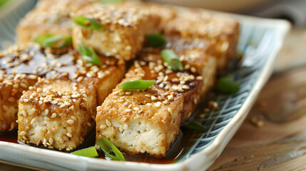 Fototapeta premium Sesame Crusted Tofu With Soy Ginger Sauce.