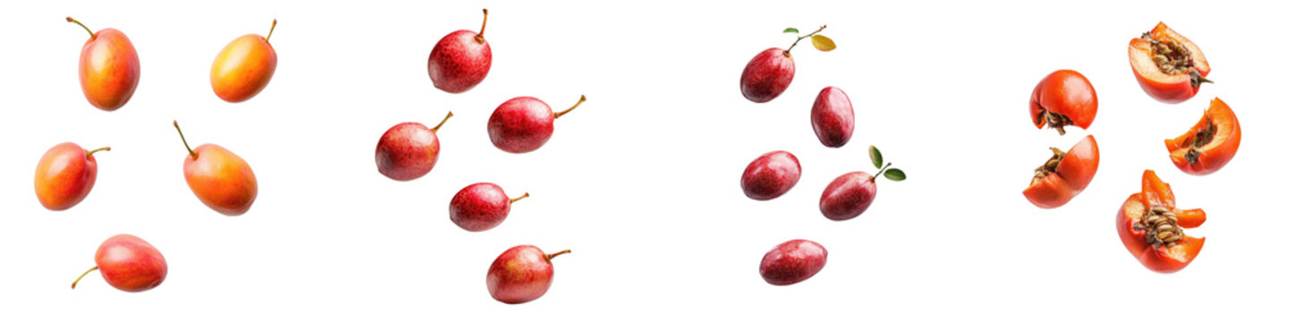 falling ripe ramontchi fruits on white background, full depth of field,transparent background