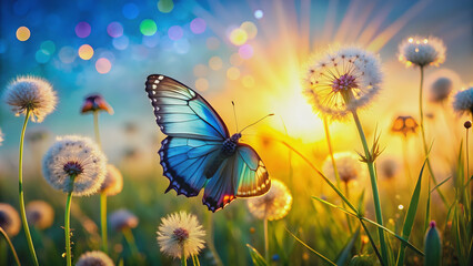 Beautiful natural background with a colorful Morpho butterfly, dewy dandelion seeds, and a vibrant sunrise