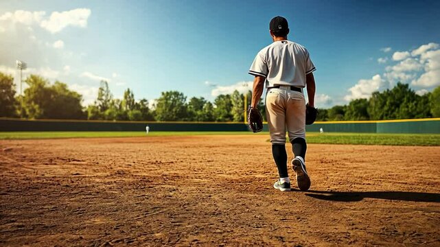 Baseball Player Walking Towards the Pitcher's Mound During Sunset Generative AI