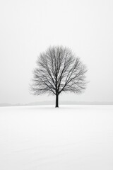 Fototapeta premium A lone tree in a vast, open field of pure white snow 