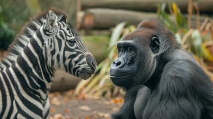 A gorilla and a zebra are looking at each other. The gorilla is on the right and the zebra is on the left. The background is blurred.
