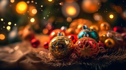 Fototapeta premium Christmas Ornaments with Golden Glitter and Bokeh Lights