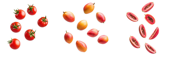 falling ripe motombos on white background, full depth of field,transparent background