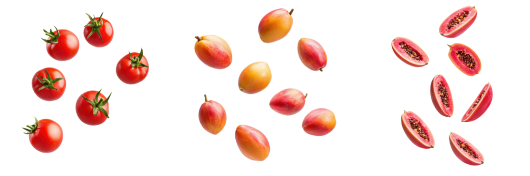 falling ripe motombos on white background, full depth of field,transparent background