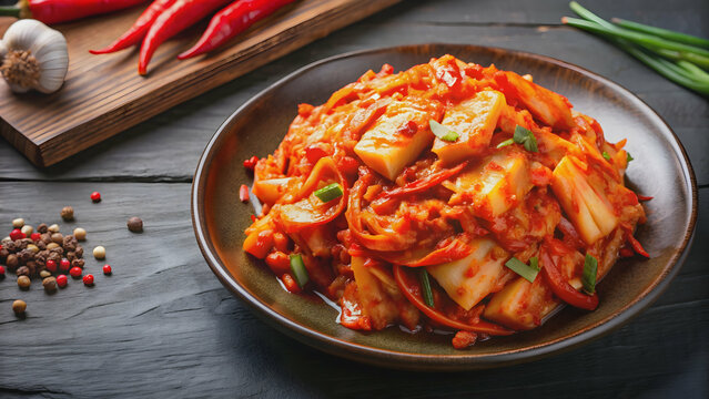 Kimchi achar in plate, Korean food on background, kimchi, achar, Korean, food, cuisine, fermented, spicy, pickled
