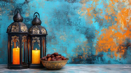 Islamic background special Ramadan and Eid al Fitr photos, new colorful Ramadan Mubarak isolated with black background Arabic light lamp with dates and tasbeeh, concept image for Iftar