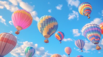 Obraz premium Colorful hot air balloons fill the bright blue sky during a sunny day in a festive outdoor event