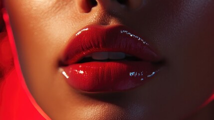 Naklejka premium A close-up of a model lips, with bold lipstick and lip gloss shining under studio lights.