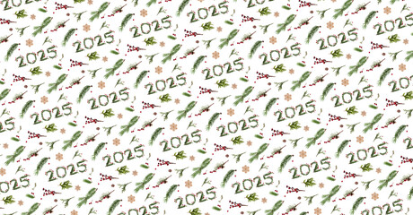 A festive seamless design of fir branches, pine cones, holly berries and 2025. Great for wrapping paper, calendar, greeting cards, invitations, textiles, and printed decor.