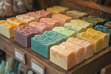 Colorful handmade soap bars are displayed on a wooden shelf being sold at a market stall