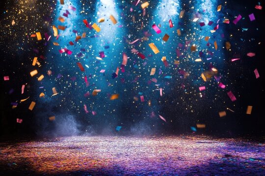 Colorful confetti falling down on stage illuminated by spotlights