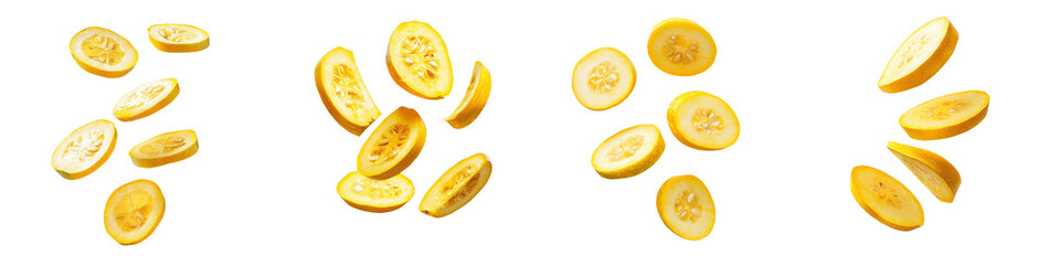falling yellow squash slices on white background,transparent background