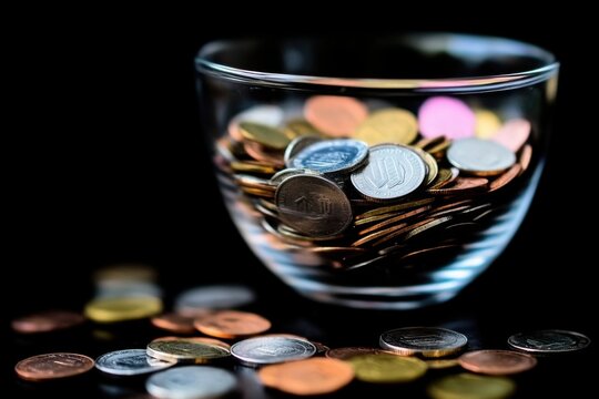 Artistic arrangement of coins in a glass bowl - financial abundance and chaos