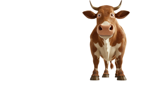 White and Brown Cow 3D Rendering Isolated on Png Background.