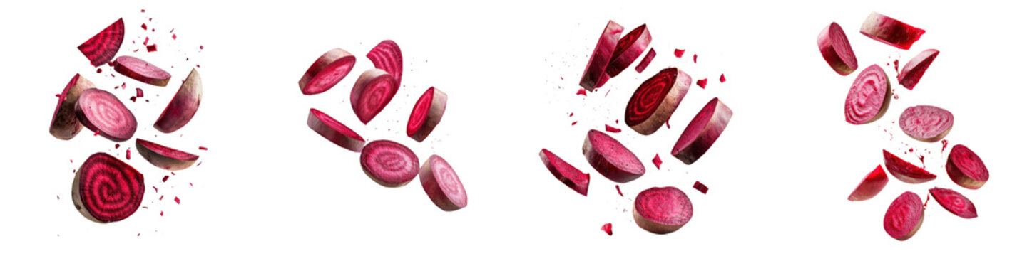 falling beetroot slices on white background,transparent background