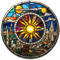 Round stained glass window depicting medieval cityscape under shining sun