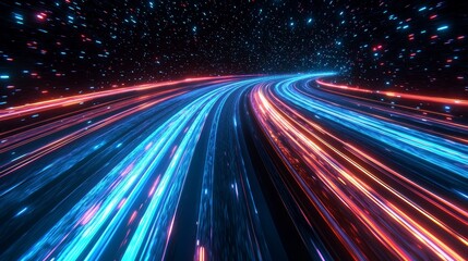 Obraz premium The speed of light is represented through a dynamic composition of bright lines, presenting a futuristic neon light effect.