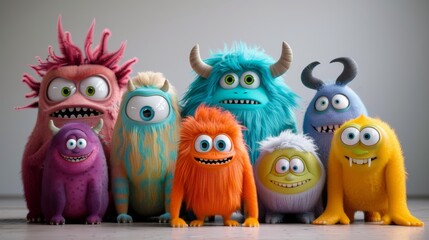 A group of colorful monsters are gathered together