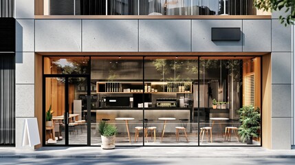 Modern minimalist cafe with glass front, clean interior design, and outdoor seating.