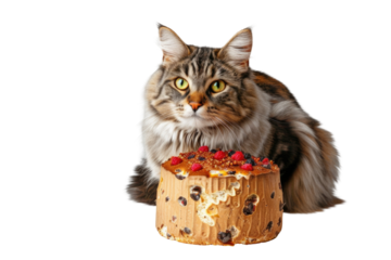 Adorable Cat Eating Food as a cake photo isolated on png background.