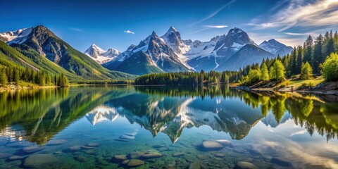 Fototapeta premium Clear mountain lake reflecting surrounding peaks, untouched by pollution, a sanctuary of purity and tranquility