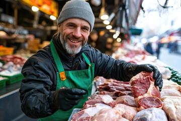 Butcher holding raw meat smiling at the market