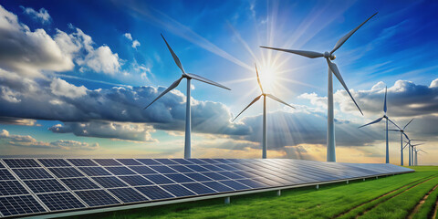 Wind power station with wind turbines and solar panels in a green field, showcasing renewable energy technology against a blue sky