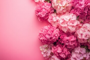 Fototapeta premium Beautiful arrangement of pink hydrangea flowers on a soft pink background, perfect for spring or floral-themed designs.