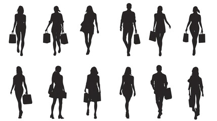 Set of shoppers silhouettes isolated on transparent background