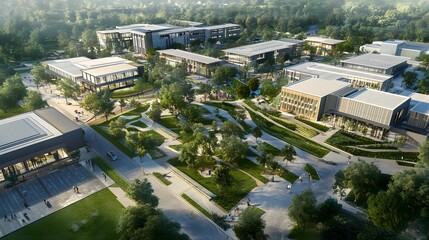 A concept sketch of the city center with modern buildings and green spaces, showcasing sustainable urban development