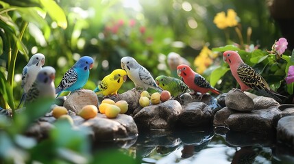 Colorful budgerigars gather near a tranquil stream surrounded by lush greenery and vibrant flowers, creating a serene nature scene.