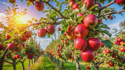 Sad fruit trees with branches full of red apples on a sunny day , melancholy, orchard, harvest, autumn, nature, fruit