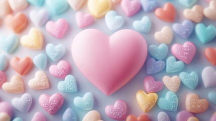 Obraz premium Colorful heart-shaped candies arranged around a large pink heart, perfect for Valentine's Day or celebration themes.