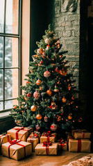 Obraz premium Decorated Christmas tree with presents under it in front of a window.