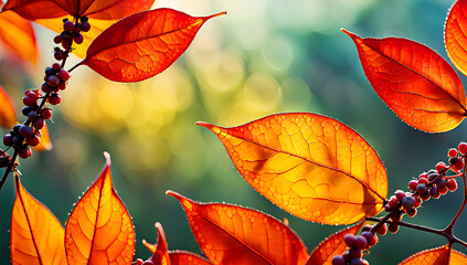 Obraz premium autumn-themed foliage, showcases a horizontal arrangement of various leaves in shades of red, orange, yellow, and brown, interspersed with small red berries and branches