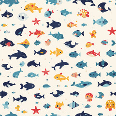 Seamless pattern with decorative fish. Cartoon style. pixel design
